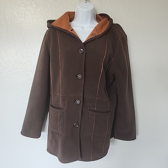 Susan Graver WeekendFleece Hooded Reversible Jacket Brown/Pumpkin Women's Medium - Picture 1 of 4